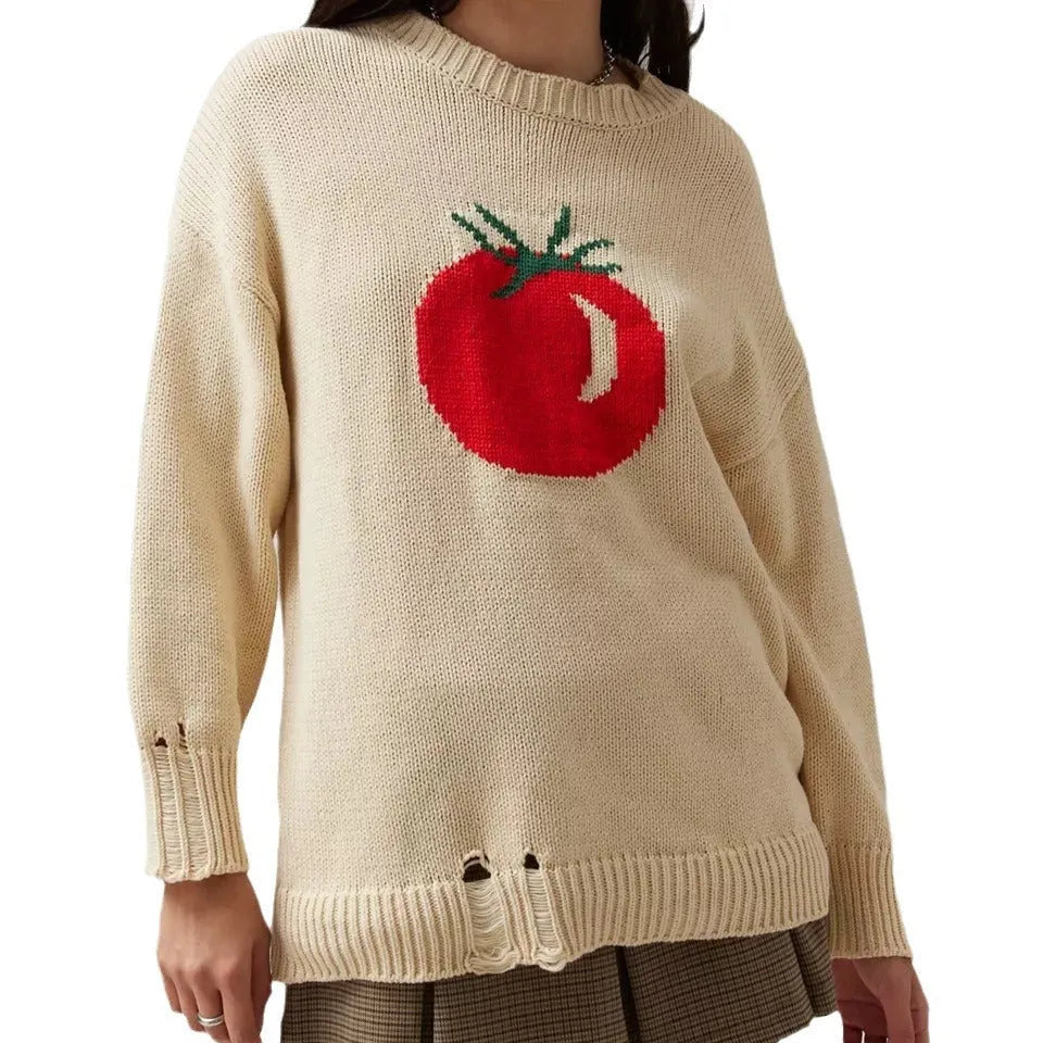 Milky white women's jacquard knit pullover sweater with round neck and long sleeves