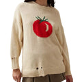 Milky white women's jacquard knit pullover sweater with round neck and long sleeves