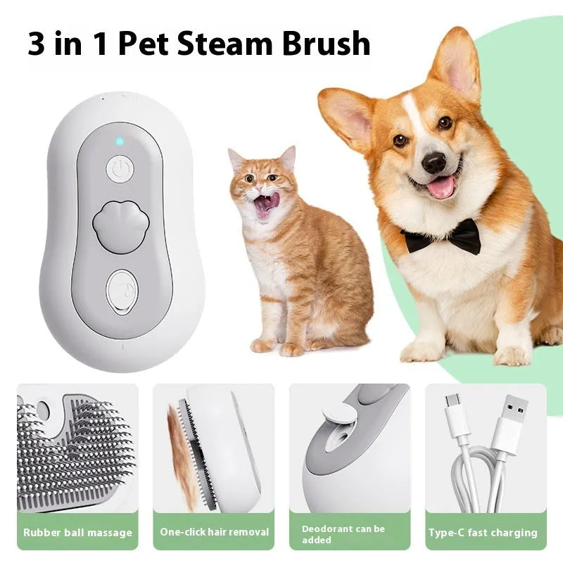 Pet spray cat cleaning massage comb device in beige yellow, blue, gray, or orange colours