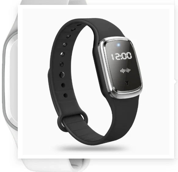 Ultrasonic mosquito repellent wristband in various colours, showcasing waterproof design and optional clock feature.