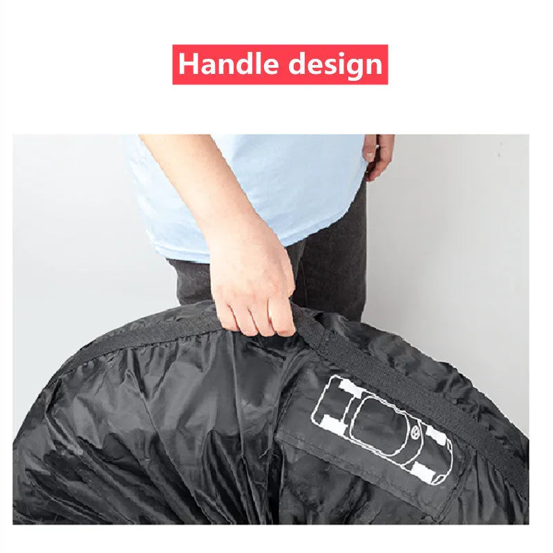 Four black Oxford cloth tyre protective covers laid flat, showing their circular shape and belt-style detailing.