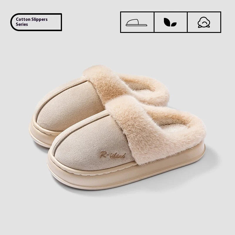 Winter fluffy slippers with non-slip soles in pink, khaki, white, and grey