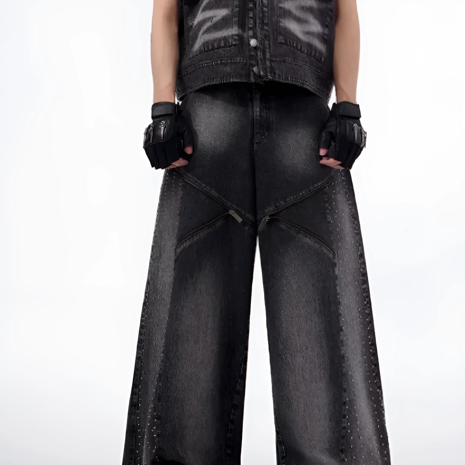 Black and grey washed wide leg pants with matching waistcoat, Korean style cotton denim set