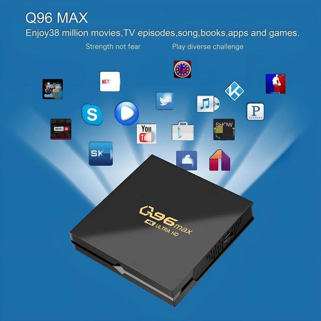 Q96 MAX S905 Android 4K TV Box streaming media player with remote control and accessories on a wooden table.