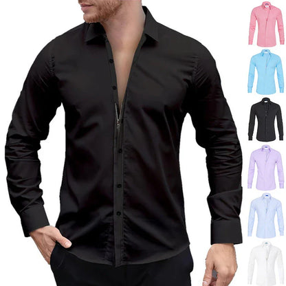 A stylish long sleeve zipper shirt with a button-accented lapel design, made of breathable cotton fabric for men.