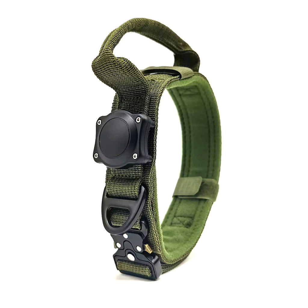 Tactical waterproof dog collar in denim style with a metal locating ring, shown in army green colour.