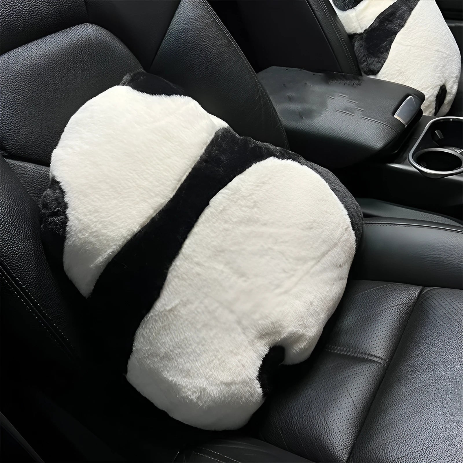 Cartoon panda automotive lumbar support cushion with plush material in rabbit fur or honeycomb black and white designs