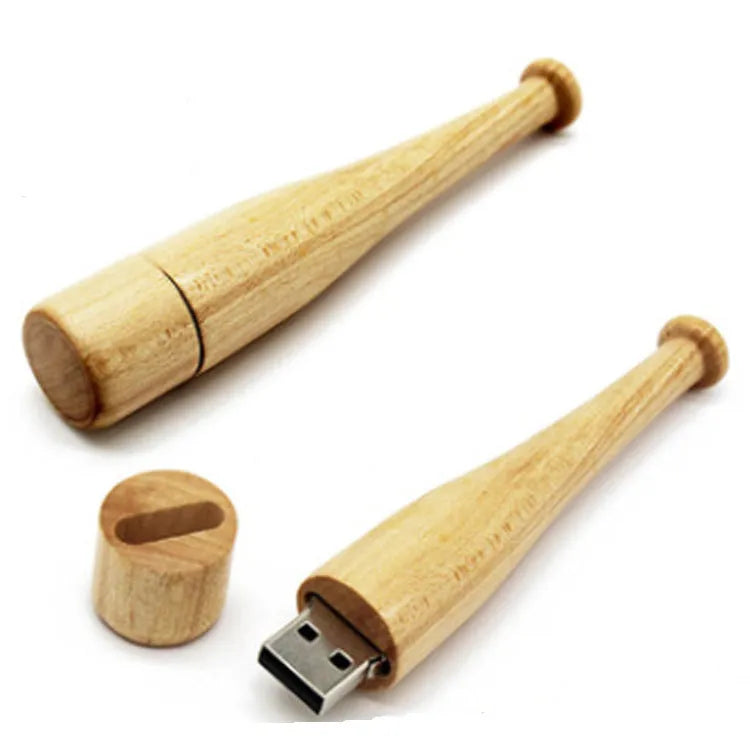 Baseball bat shaped wooden USB flash drive on a surface