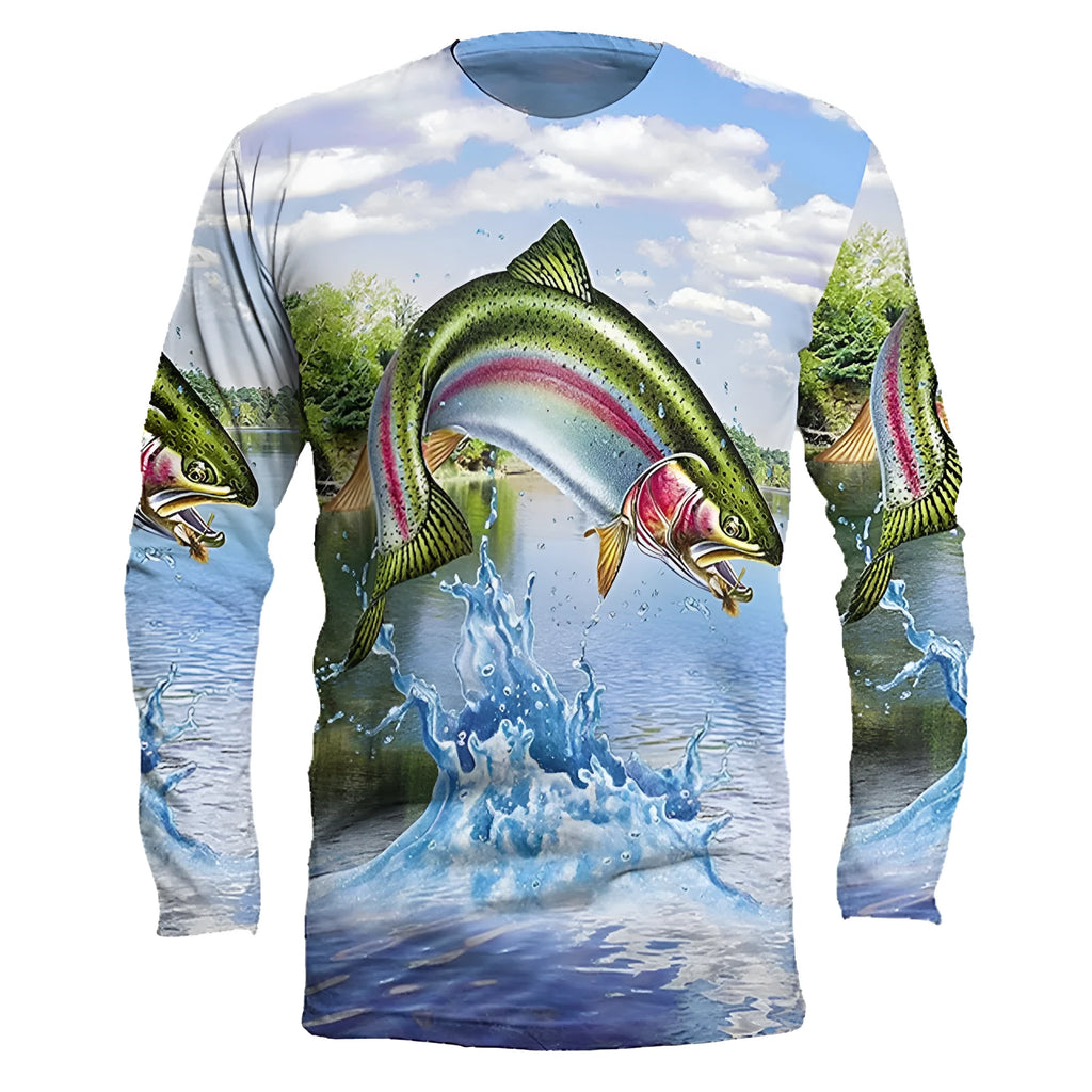 Men's grey pullover with a printed fish design on the front, showing round neck and long sleeves.