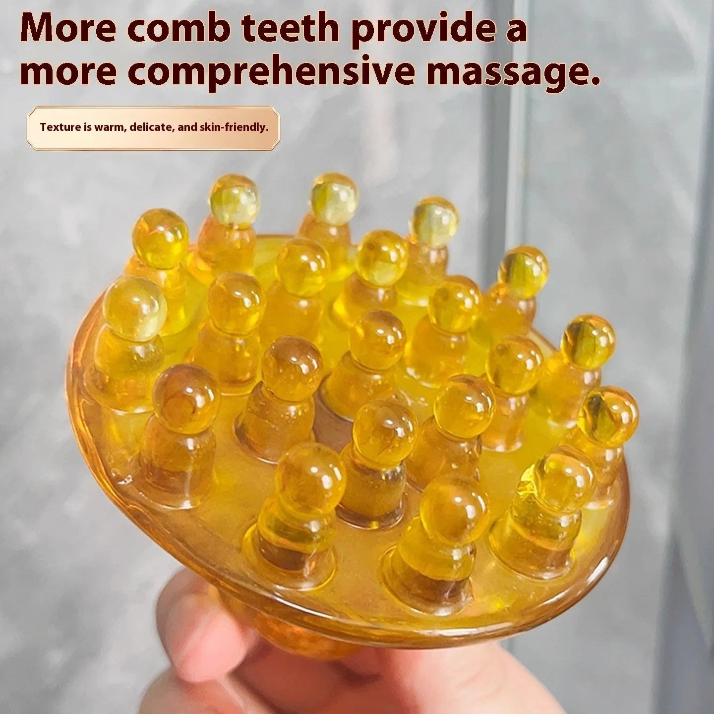 Disc massage comb with 21 copper teeth on brown circular base for head and scalp massage
