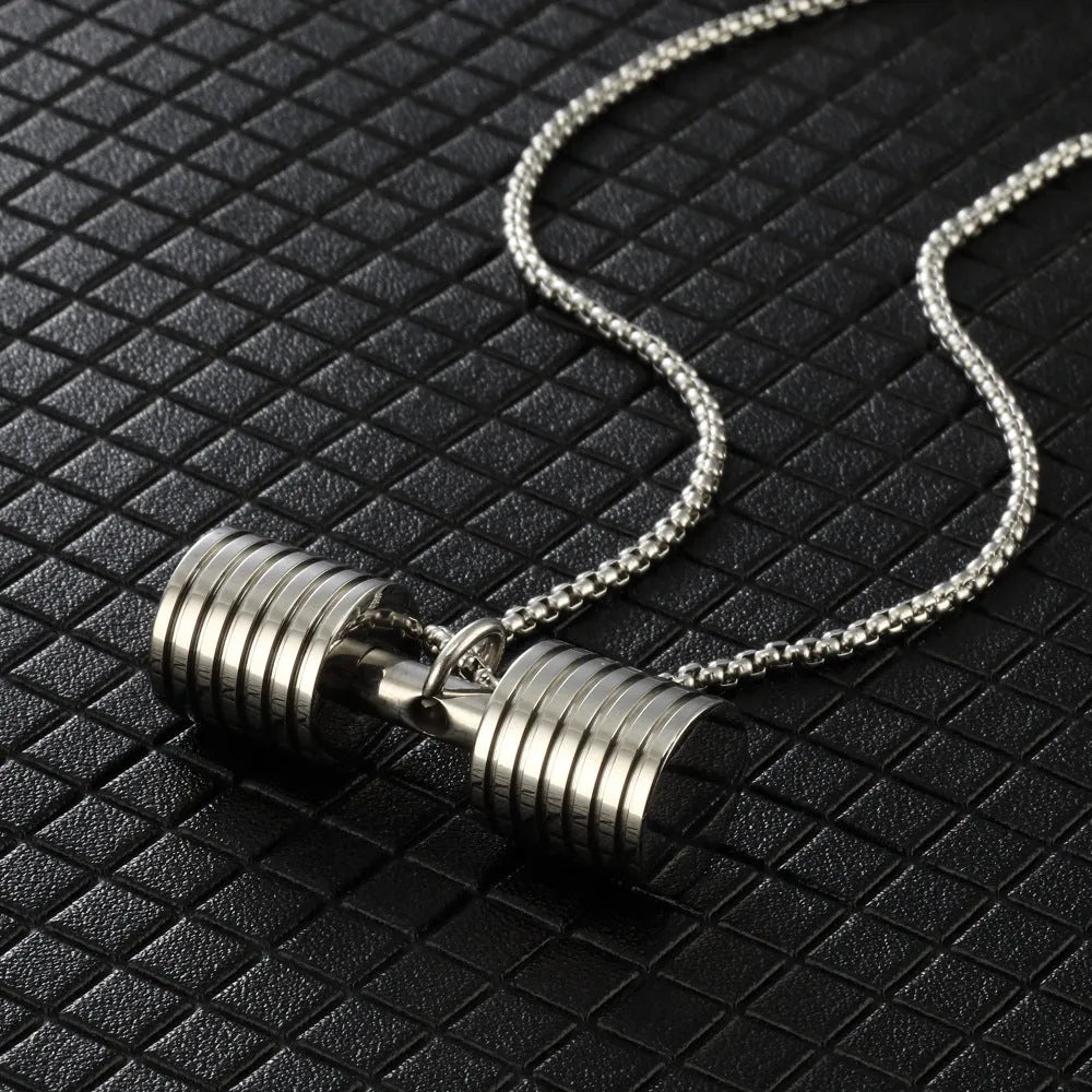 Multi-piece titanium steel dumbbell pendant necklace key body on pearl chain, unisex, 28mm width, steel colour