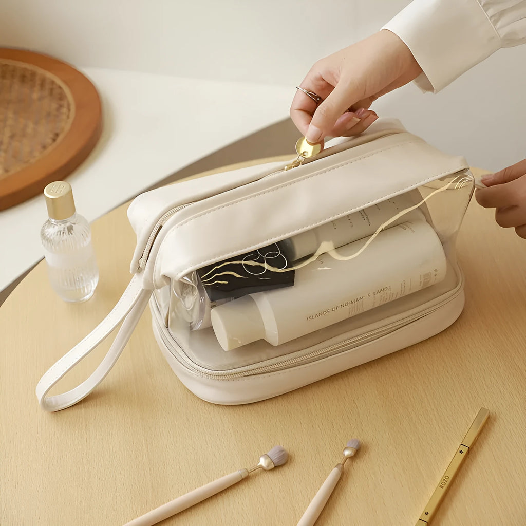 Double layer cloud transparent steel wire cosmetic bag in PU leather, with visible contents, four color options, compact size for travel