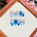 Blue hand-painted carved summer ice transparent false nails set in plastic wearable armour