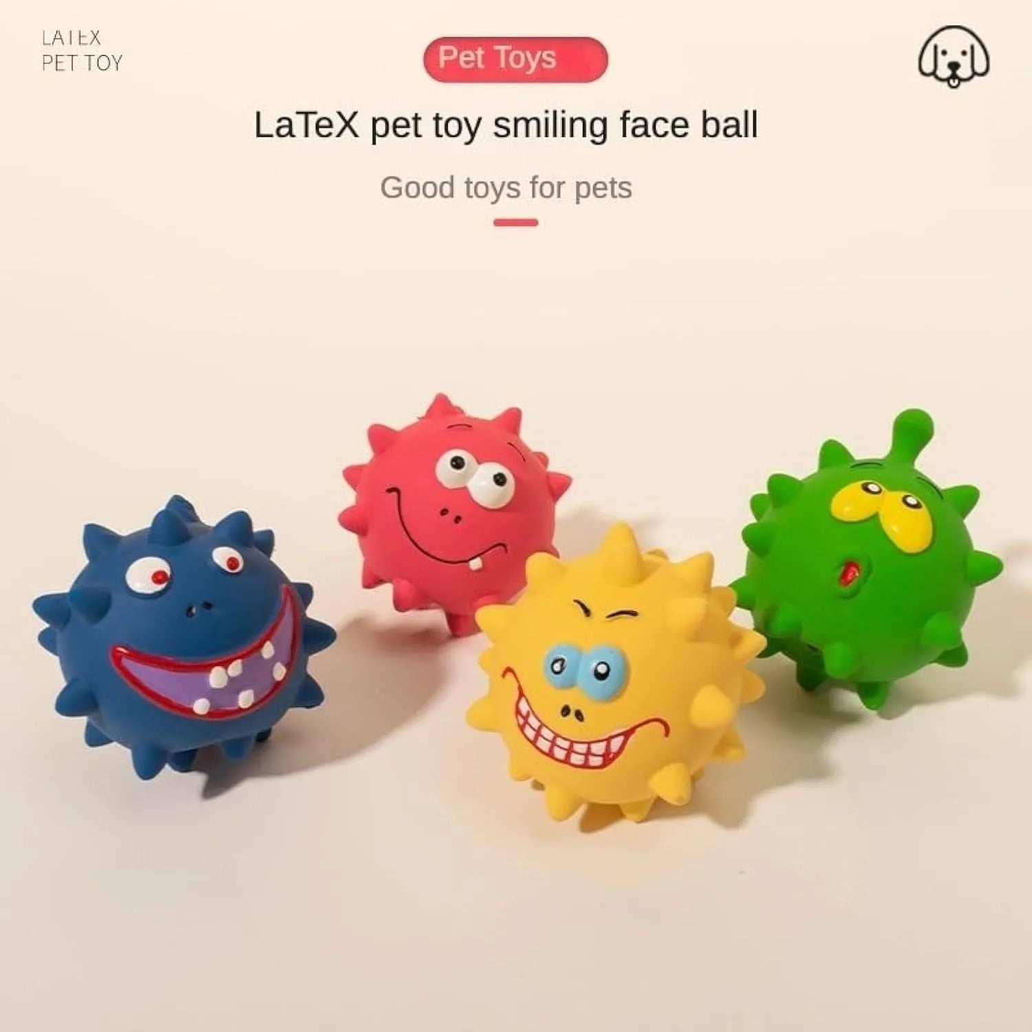 Colourful natural latex squeaky dog ball with cute face and textured surface for teeth cleaning.