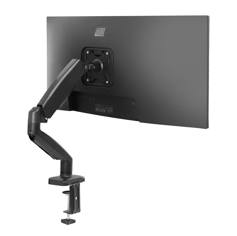 Black table-top rotating telescopic bracket holding an LCD computer monitor