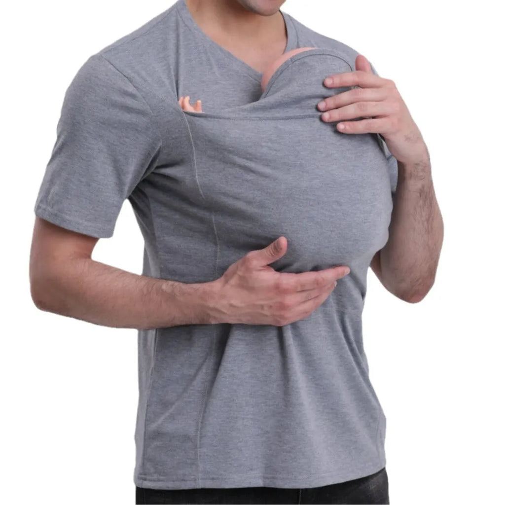 Kangaroo Dad pure cotton long sleeve T-shirt in gray, solid colour spliced design pullover