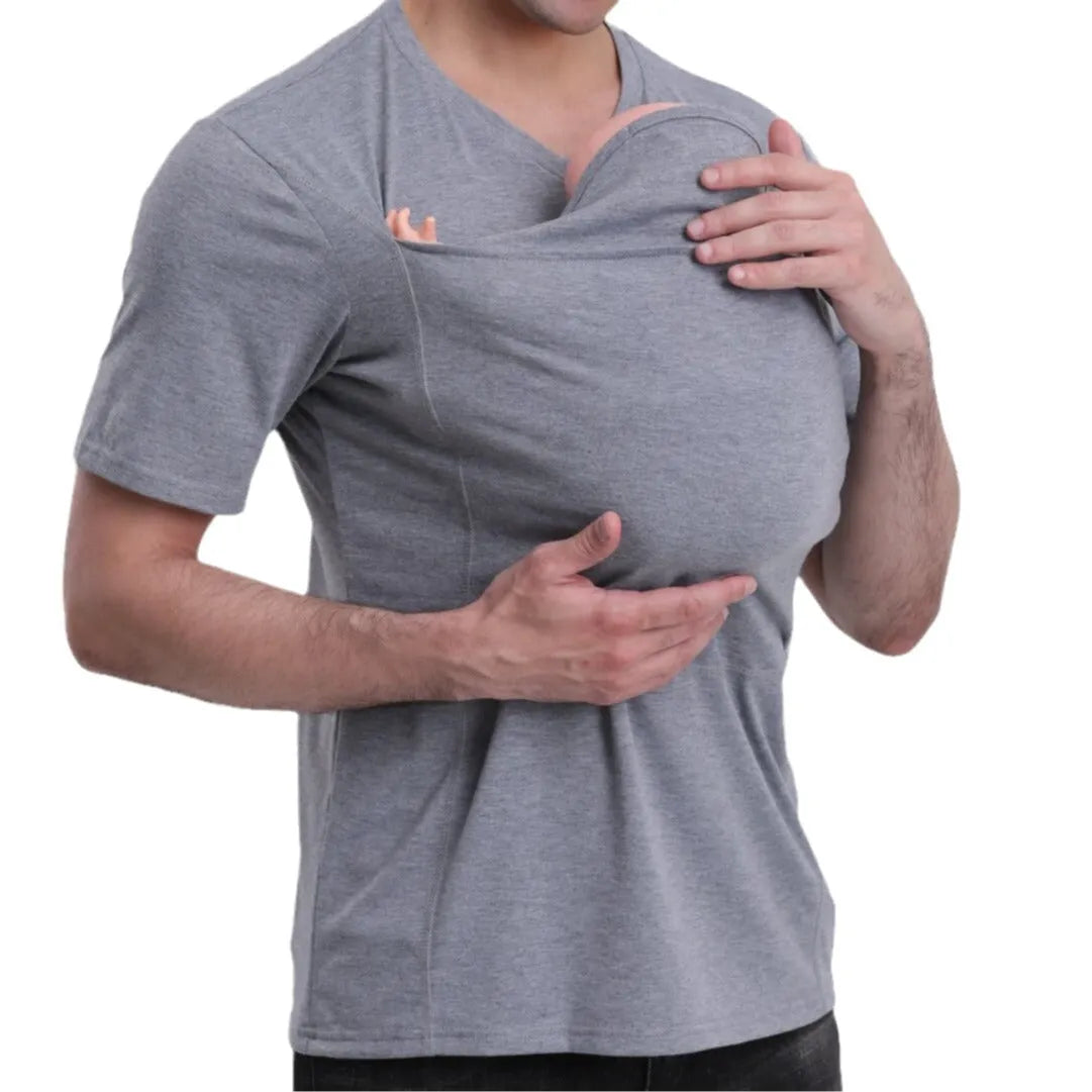 Kangaroo Dad pure cotton long sleeve T-shirt in gray, solid colour spliced design pullover