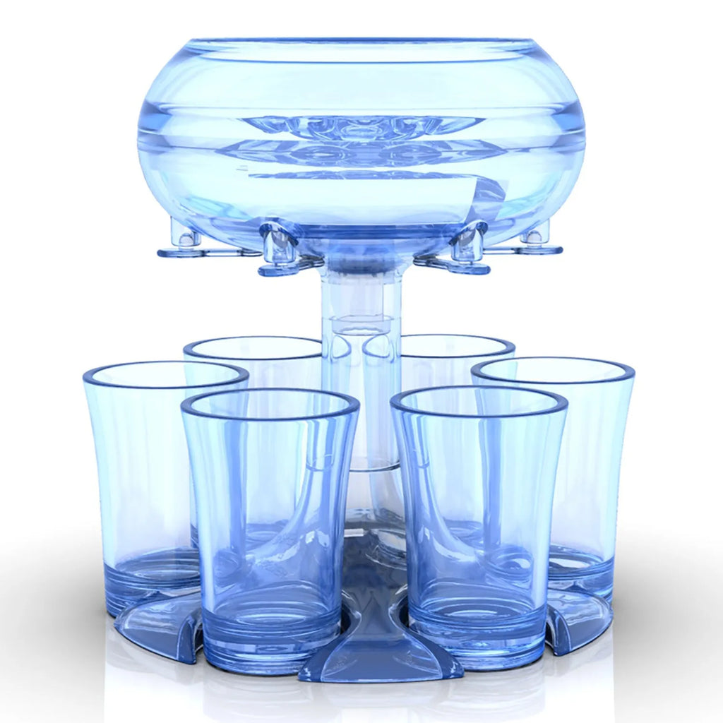 Clear six-shot glass dispenser rack holding six shot cups, bar accessory for parties.