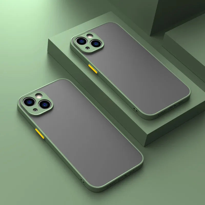 Frosted hard iPhone case with fine hole texture on back, shown in dark night green colour.