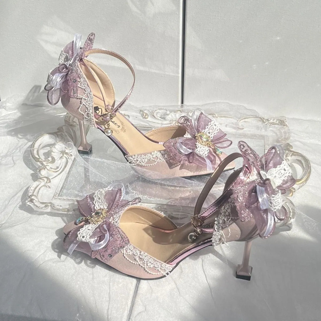 Purple satin women's wedding pumps with a flat heel and square toe.
