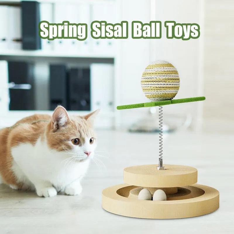 Green sisal cat scratching pad with interactive ball track and springs for indoor feline play