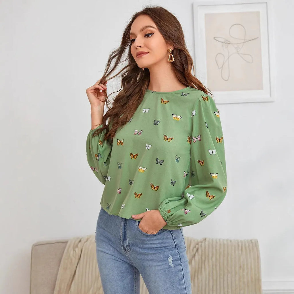 Women's green long-sleeved shirt with white butterfly print, loose fit