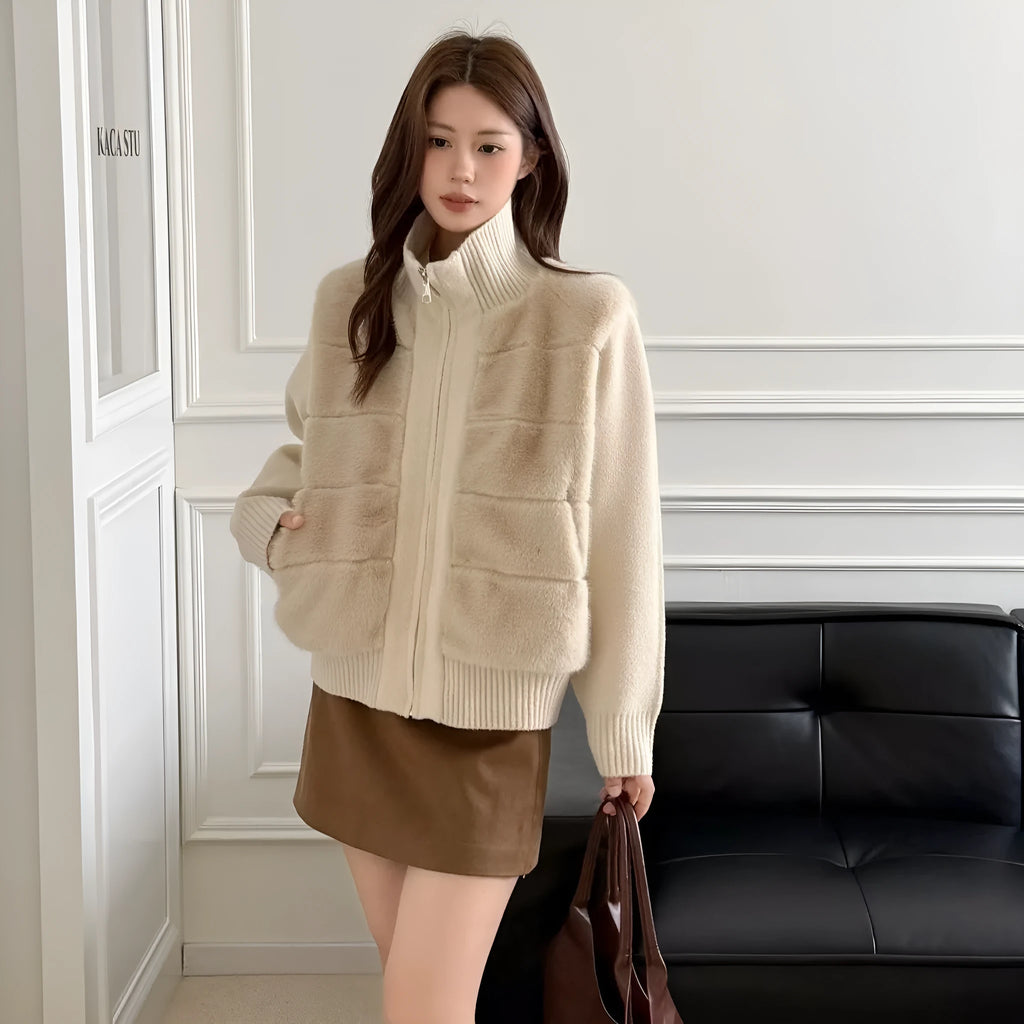 Women's loose faux mink velvet cardigan coat in solid colour-blocked design, long sleeves, regular length, coffee colour