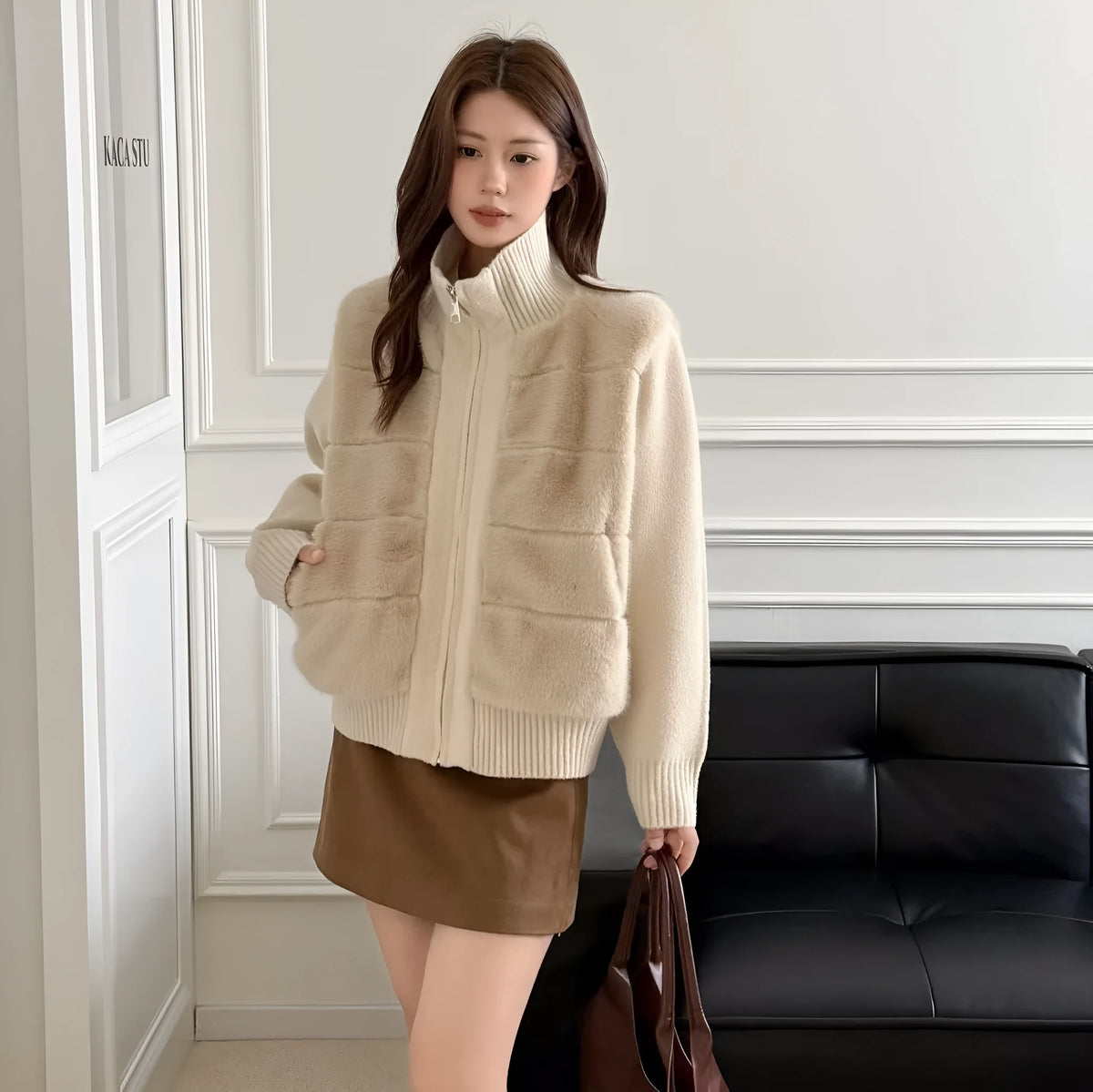 Women's loose faux mink velvet cardigan coat in solid colour-blocked design, long sleeves, regular length, coffee colour