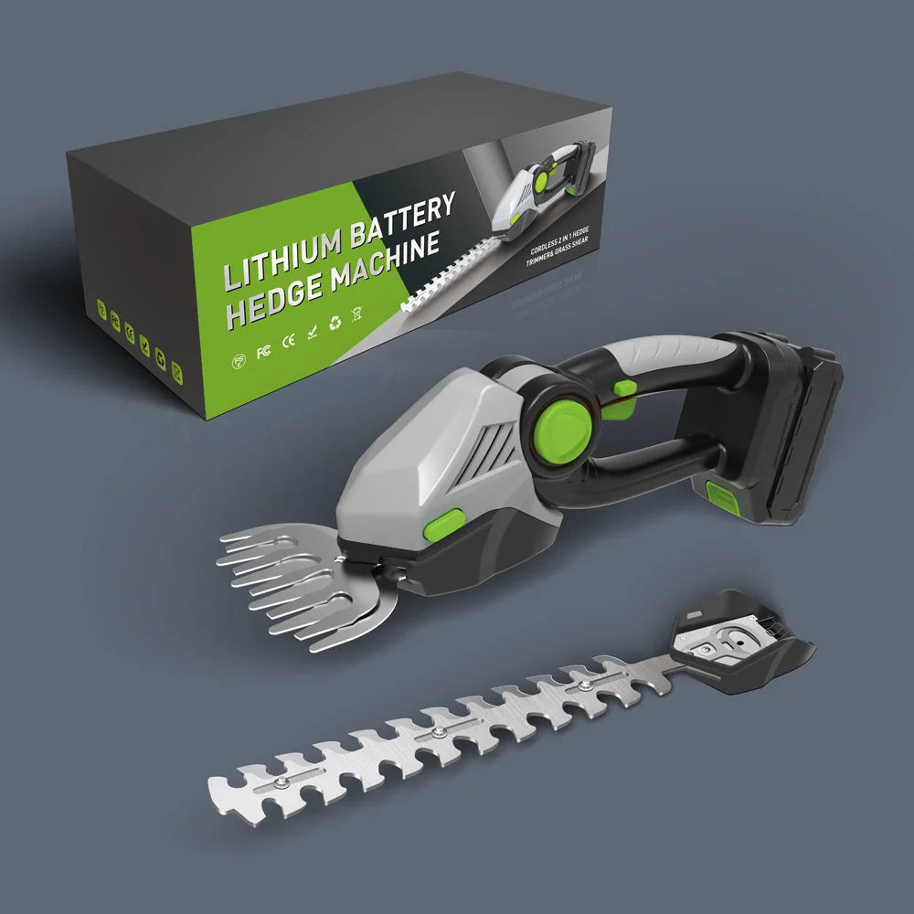 Wireless handheld hedge trimmer in green with 3600rpm speed for efficient garden maintenance