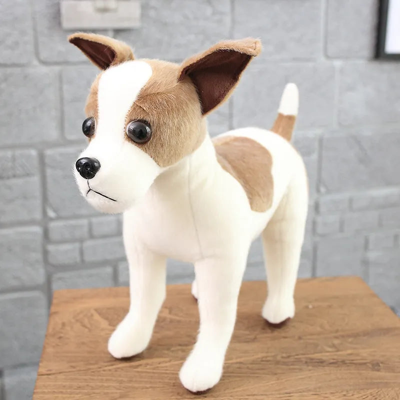 Dressing artificial dog plush toy with mink fur, Bulldog breed, medium size 40-45cm, on white background