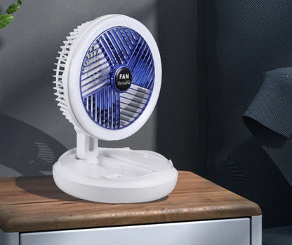 USB charging foldable table fan with LED light and adjustable speeds in grey and blue