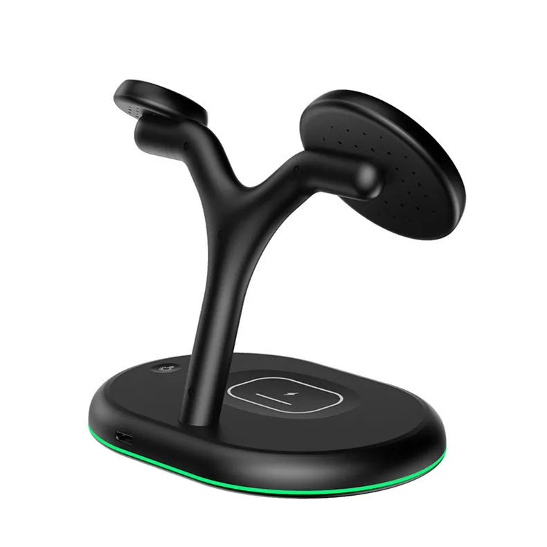 Black magnetic three-in-one wireless charging stand with vertical phone orientation and included TYPE-C cable