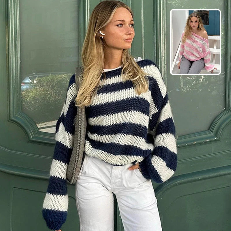 Women's loose striped pullover sweater in deer plush fabric, available in blue, army green, gray, and pink