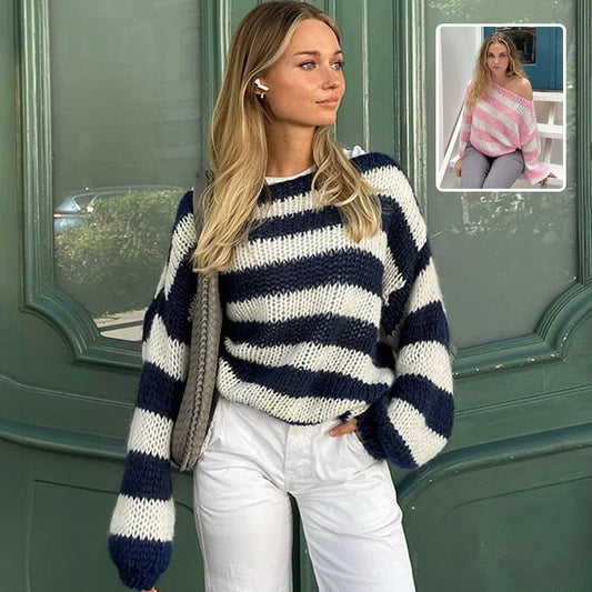 Women's loose striped pullover sweater in deer plush fabric, available in blue, army green, gray, and pink