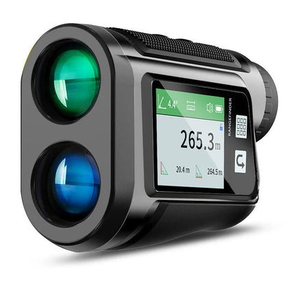 Black and white golf laser rangefinder with touch screen display showing distance measurement