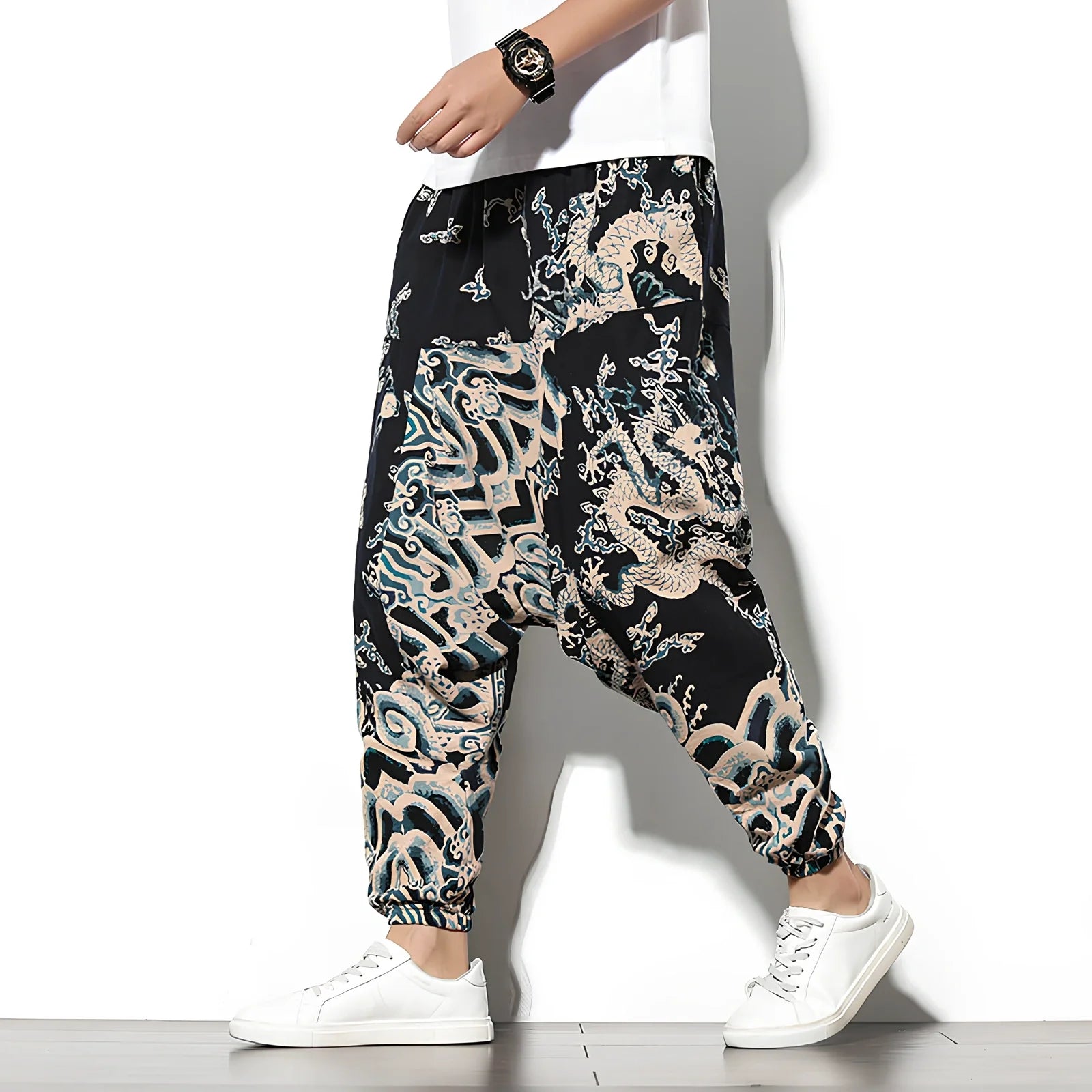 Summer bohemian loose wide-leg cotton trousers in Tibetan blue elephant flower print, mid-waist nine-point length 70-82cm, sizes M-5XL