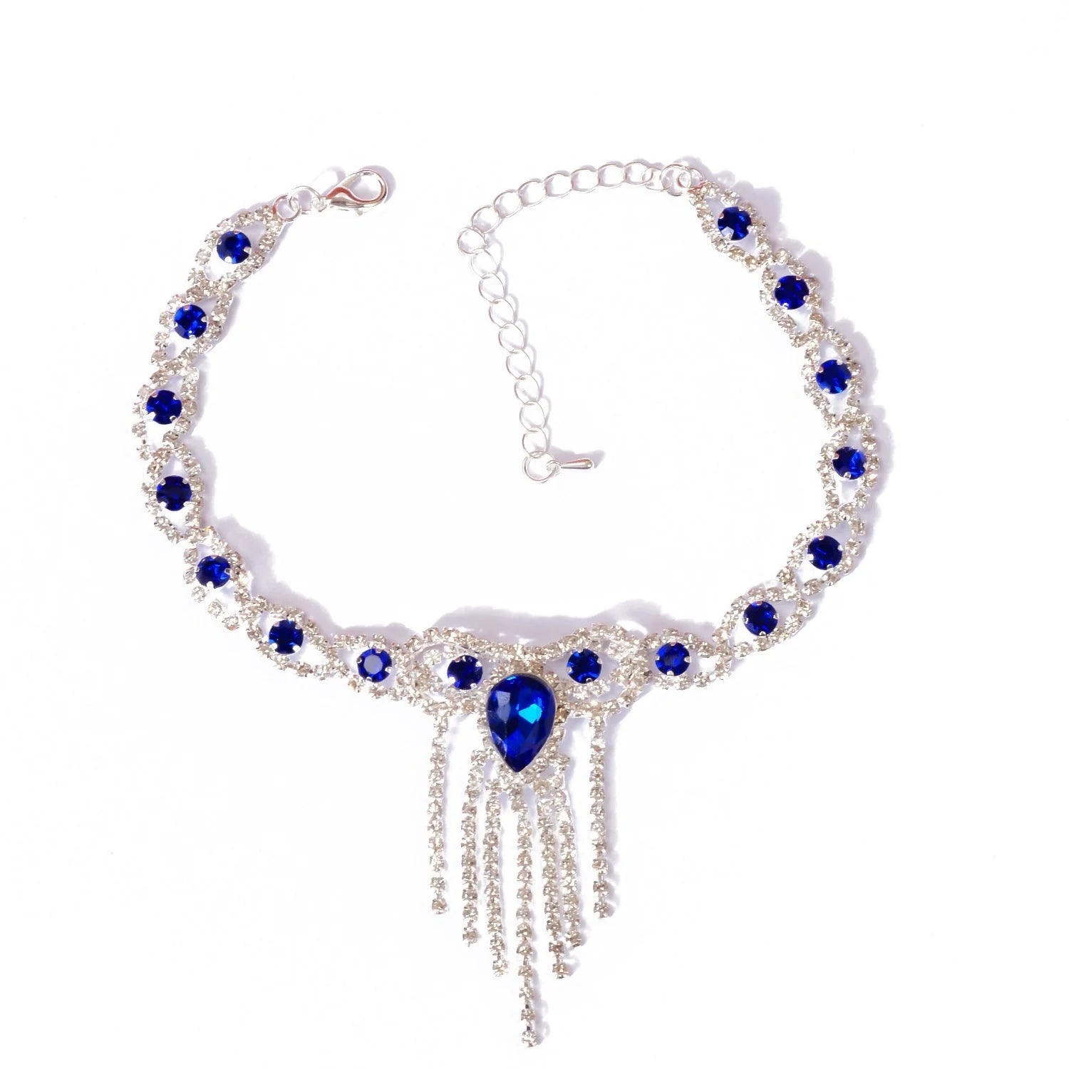 Blue rhinestone tassel anklet with gold-plated accents and semi-precious stones