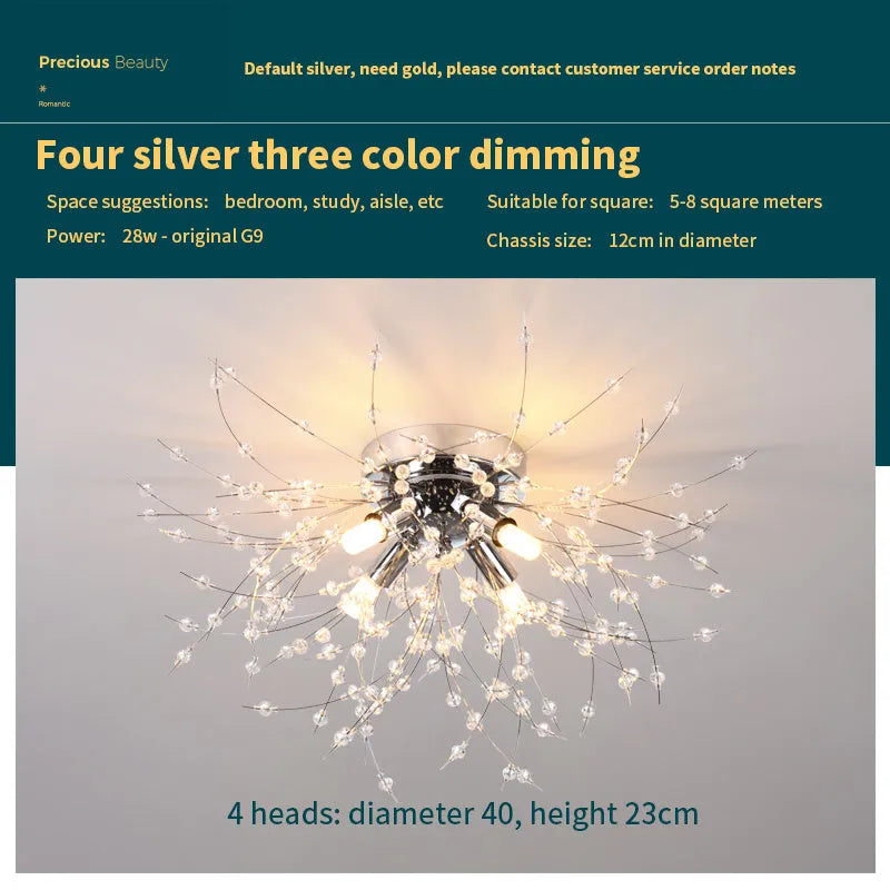 Wrought iron ceiling lamp with chrome finish and round crystal shade 40cm diameter LED bedroom light