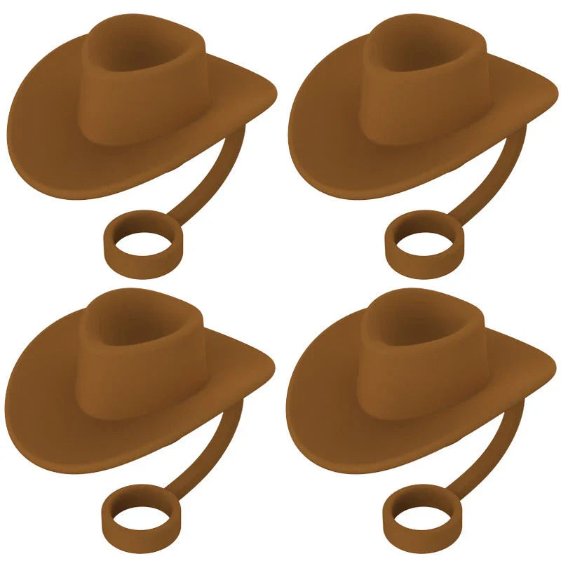 Sturdy Cowboy Hat-shaped straw covers made of food-grade silicone in vibrant colors like red, black, and brown