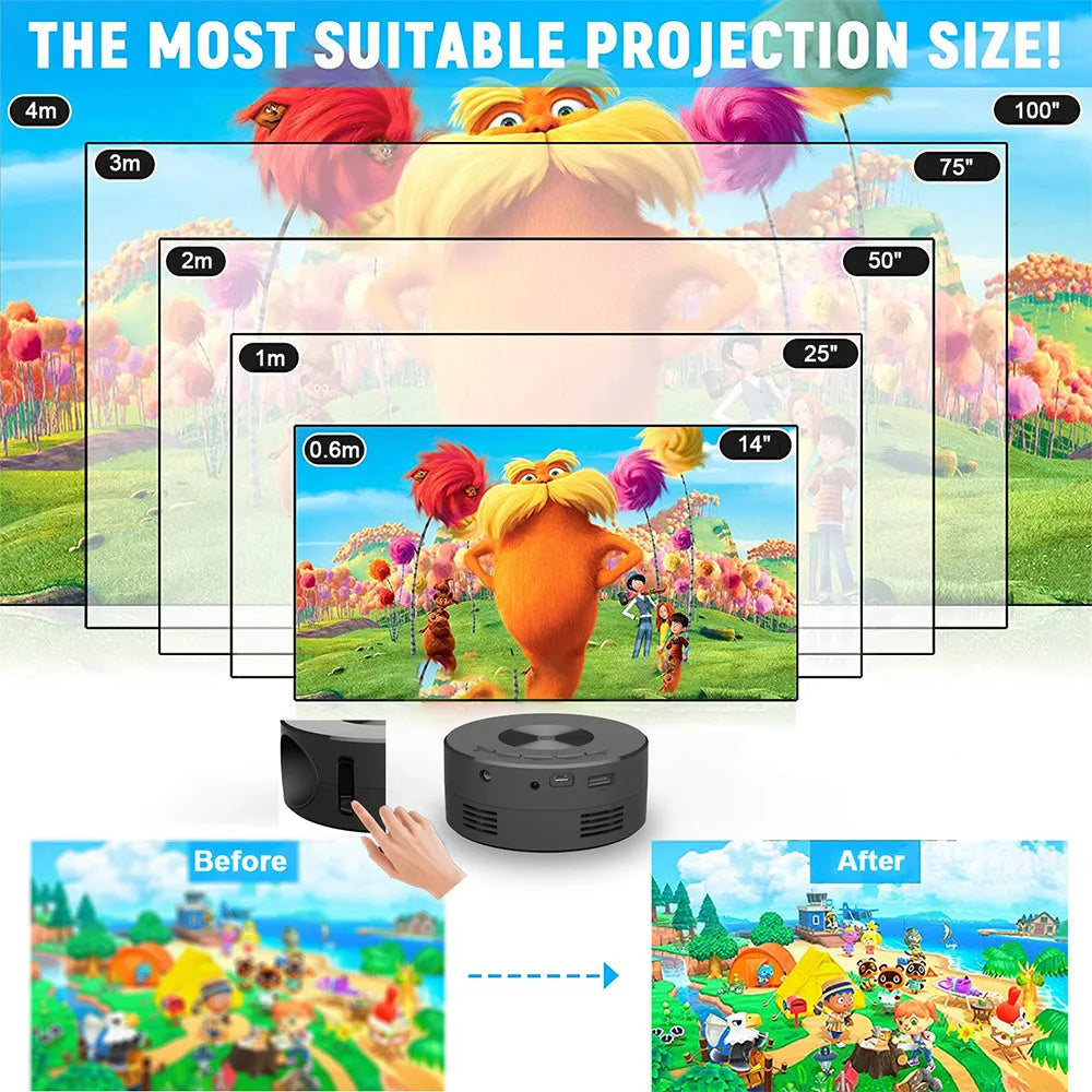 Black mini portable projector for children with phone connectivity on a table.