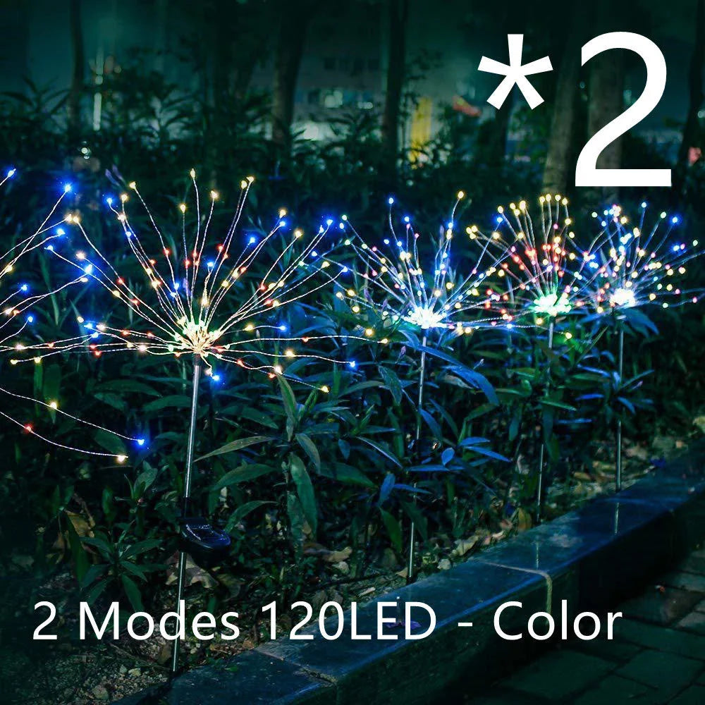 Solar-powered string lights with fireworks-inspired lighting effects, perfect for outdoor gardens, patios, and parties