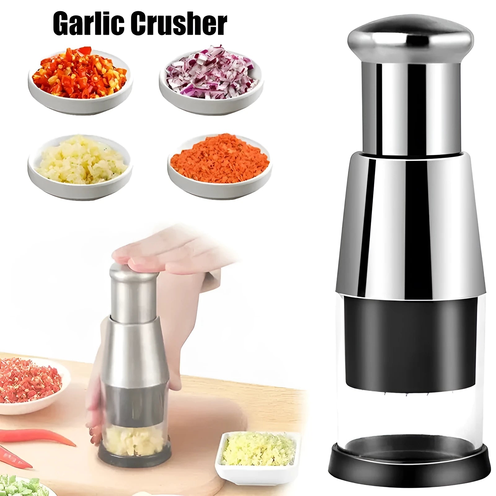 Black manual garlic crusher and onion chopper with stainless steel blades on kitchen counter