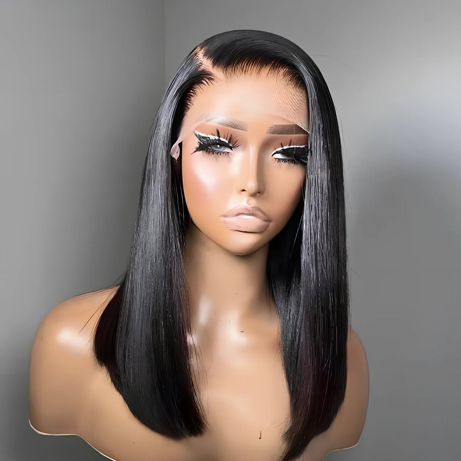 14 inch natural black bob human hair wig with 200 density, pre-plucked hairline, and 13x4 Swiss lace front for medium 22.5 inch heads