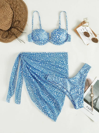 Three-piece floral bikini beach dress set with matching skirt in multiple colour options