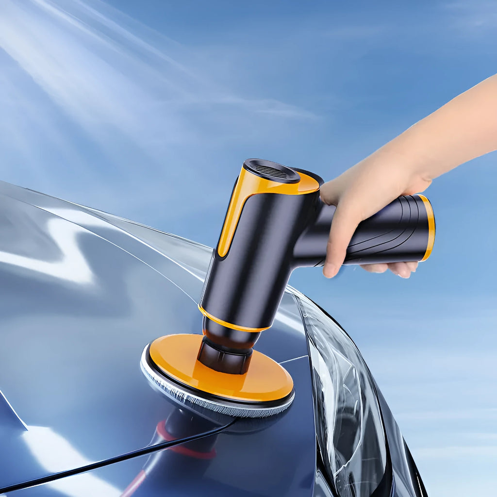 Cordless car polishing machine with black ABS body, orange waxing pad, and 12cm disc on a table