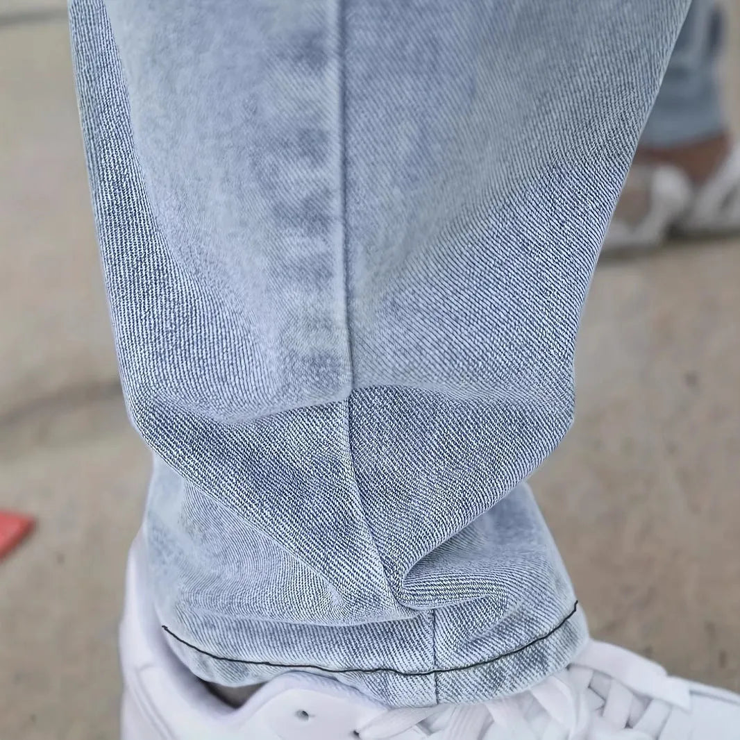 Youth slim jeans for men, light blue cotton straight-leg trousers with zip fly