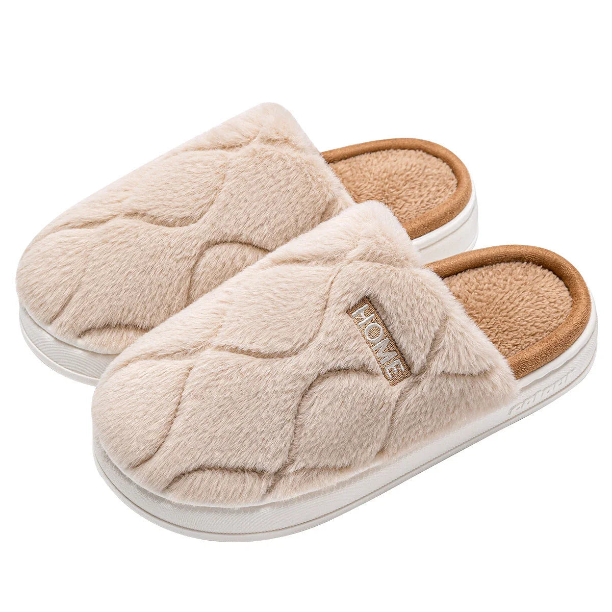 Cozy plush slippers with soft, plush upper material and durable PVC sole for comfortable and secure indoor wear