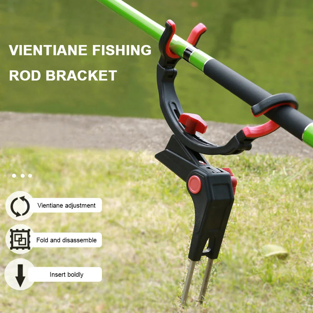 Adjustable fishing rod holder with 360-degree swivel and 120-degree tilt for secure, hands-free shore, river, and lake fishing