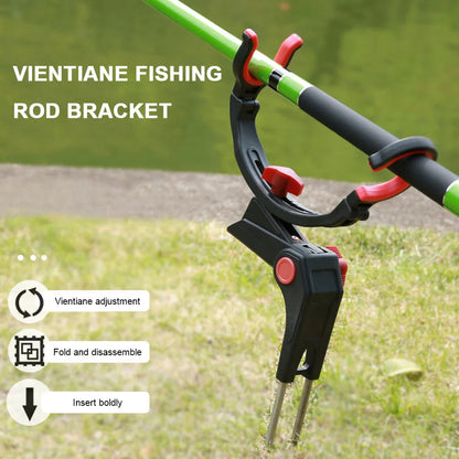 Adjustable fishing rod holder with 360-degree swivel and 120-degree tilt for secure, hands-free shore, river, and lake fishing