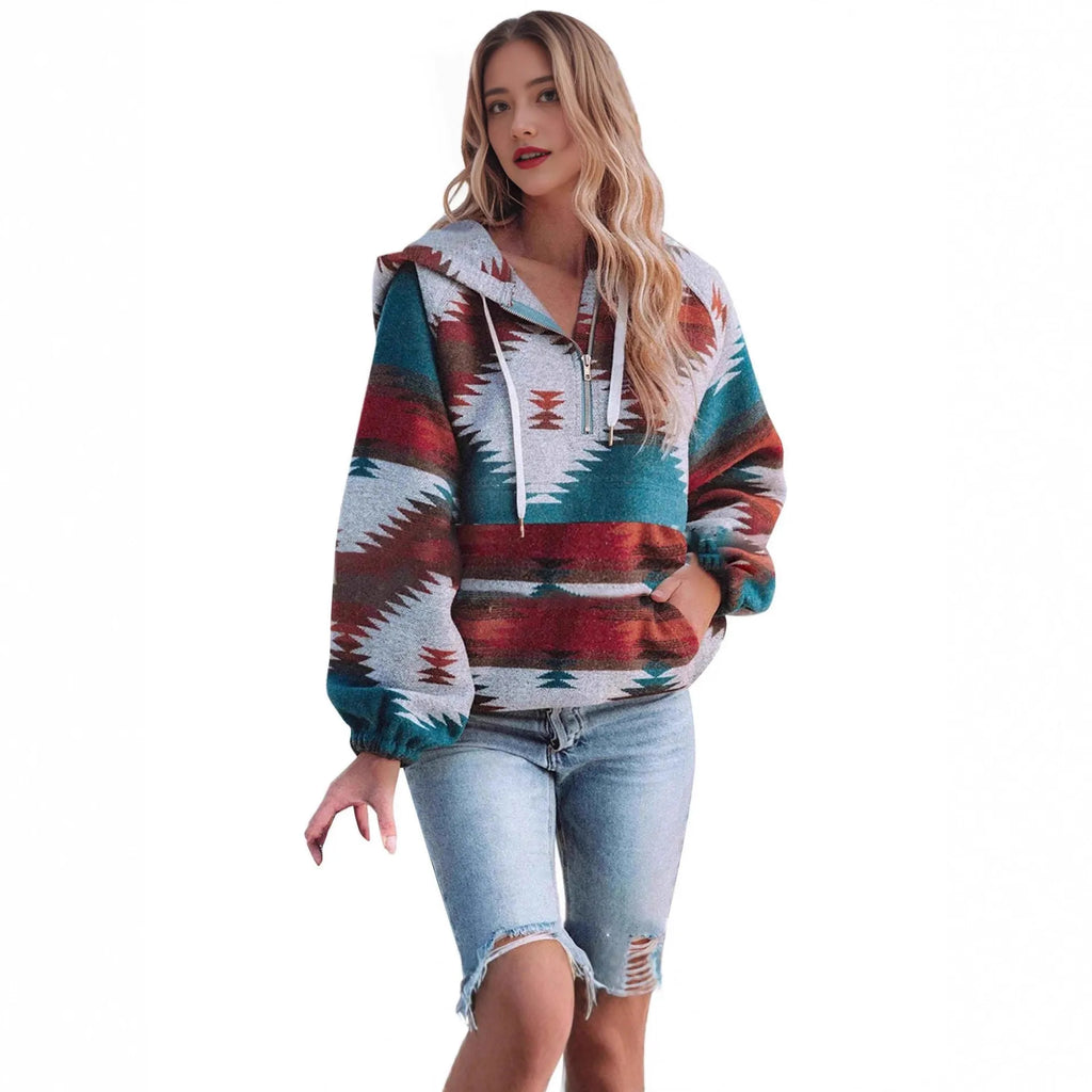 Women's retro fashion half-zip long sleeve sweatshirt with digital print in loose fit